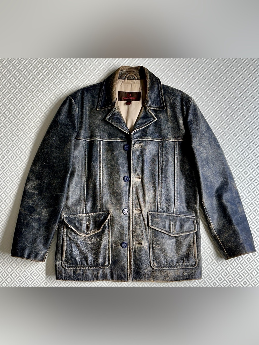 vintage-style Danier leather jacket, heavily distressed "car coat" silhouette
